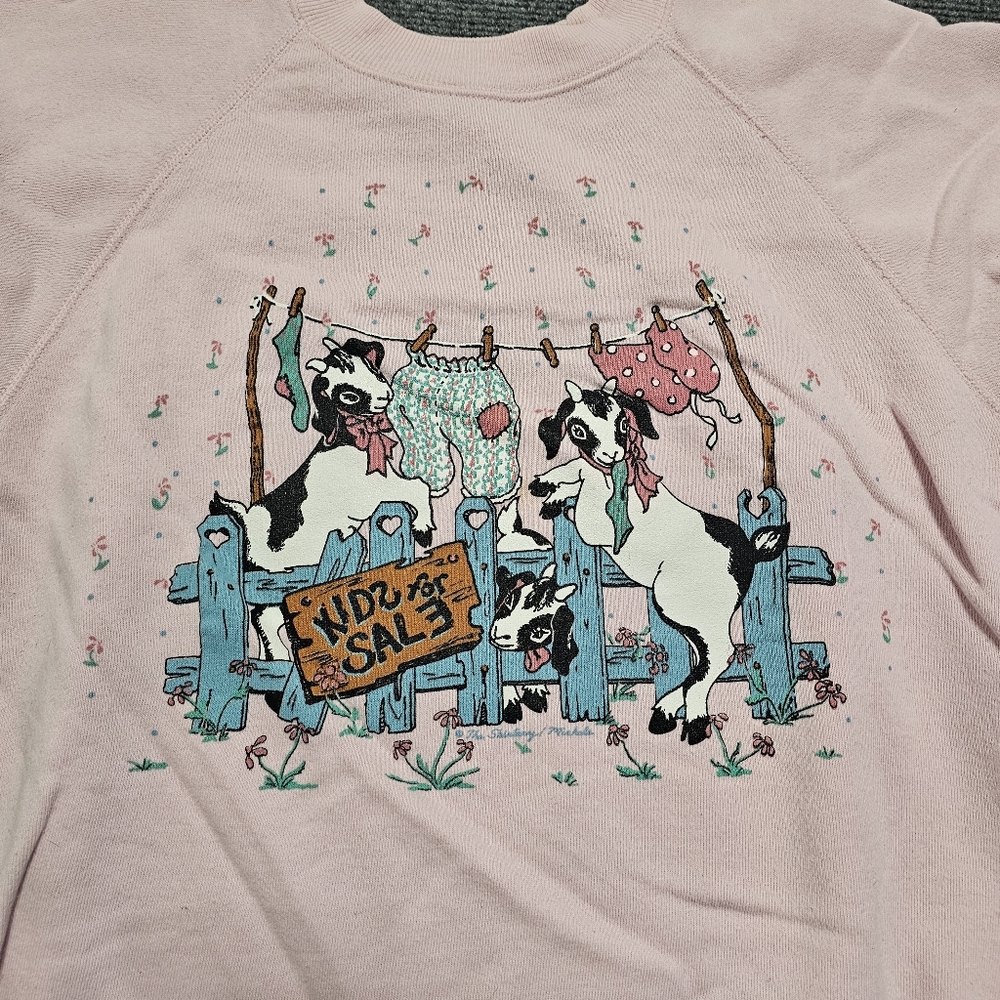 Vintage 90s Hanes Kids For Sale Goat Funny Pink Crewneck Sweater XL USA Made - Picture 13 of 16